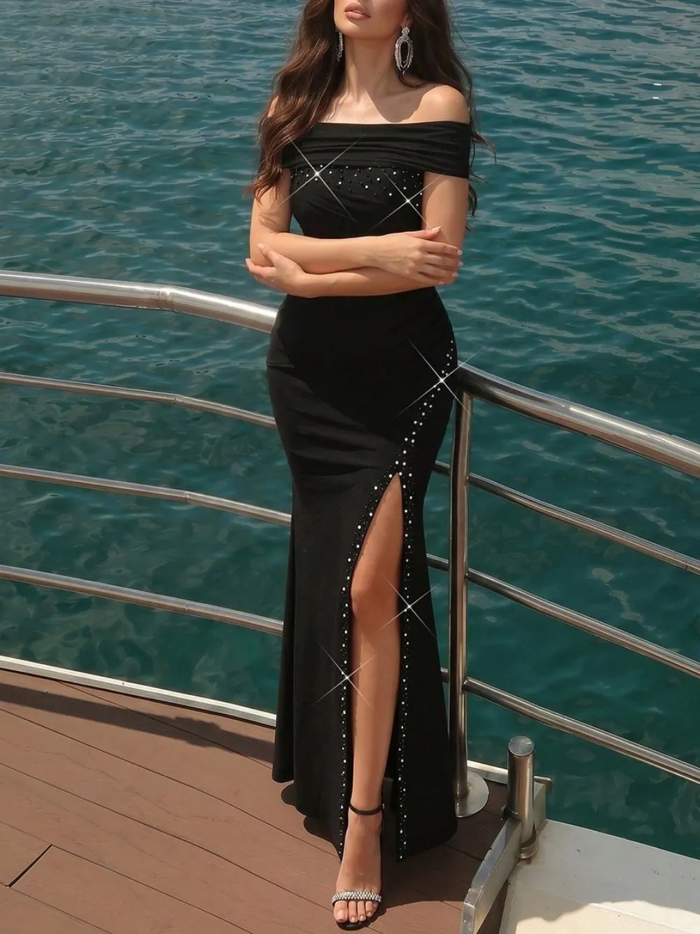 1a7a9f5a70166465b4e079e2991cd07d Manal Black Off-Shoulder Diamante Slit Maxi Dress