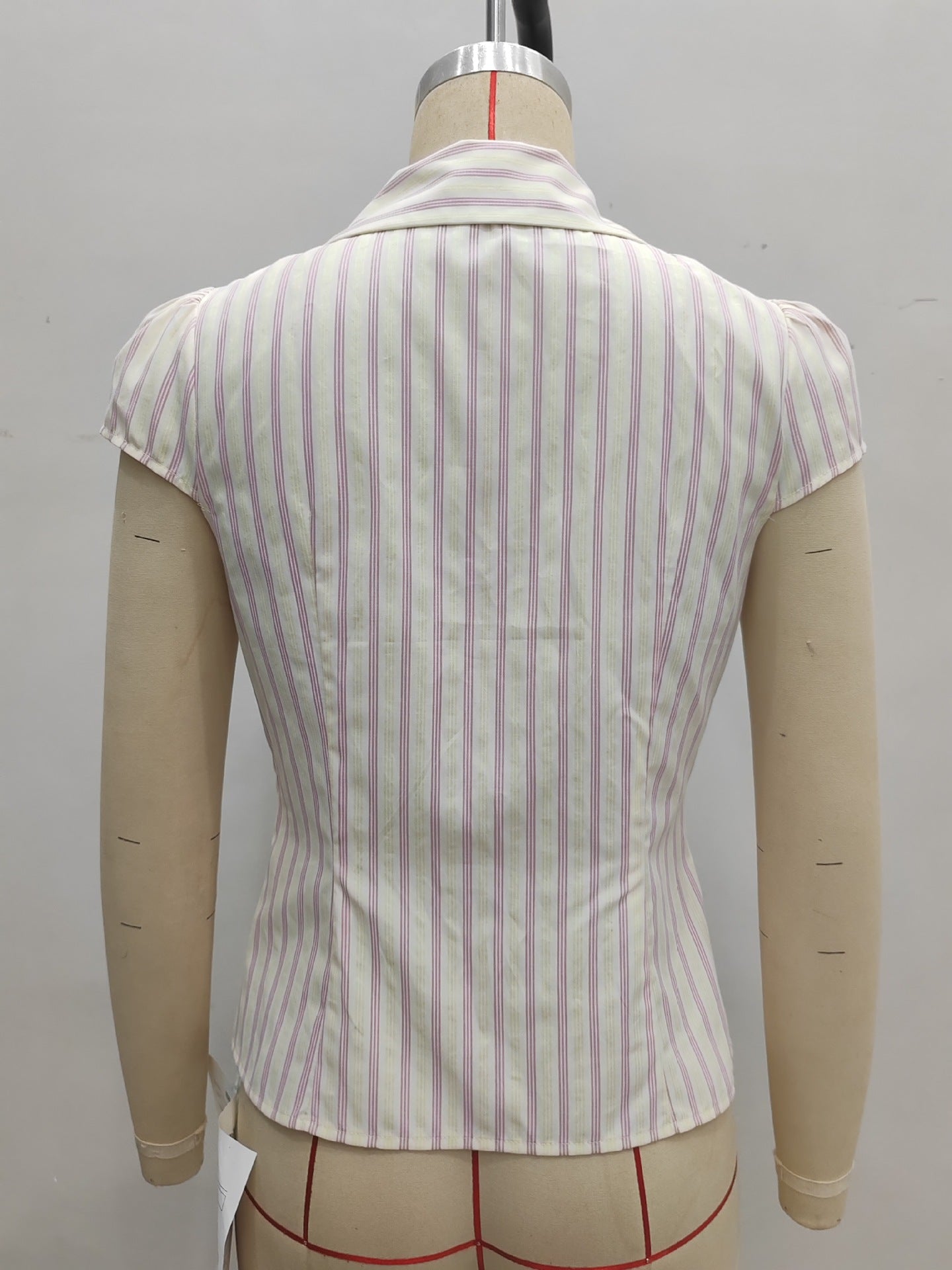Pleated Striped Buttoned Short Sleeve Shirt
