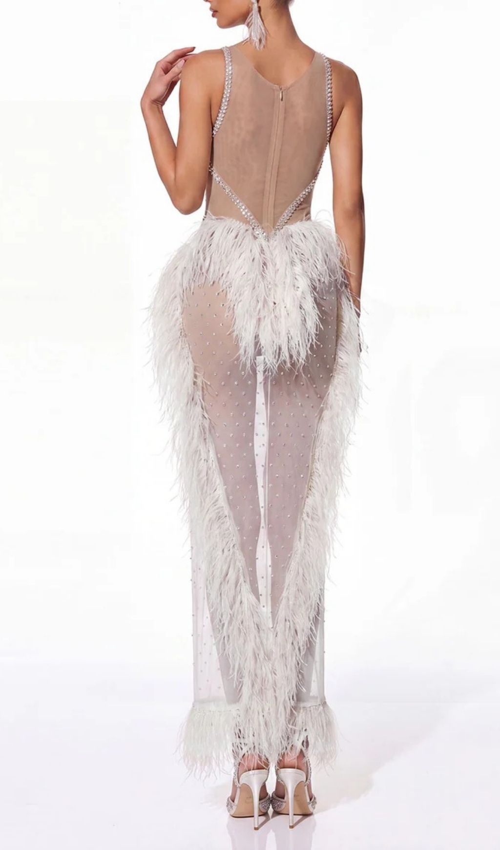 Fashionslee Women Cyrien Fringe Rhinestone Mesh Maxi Dress