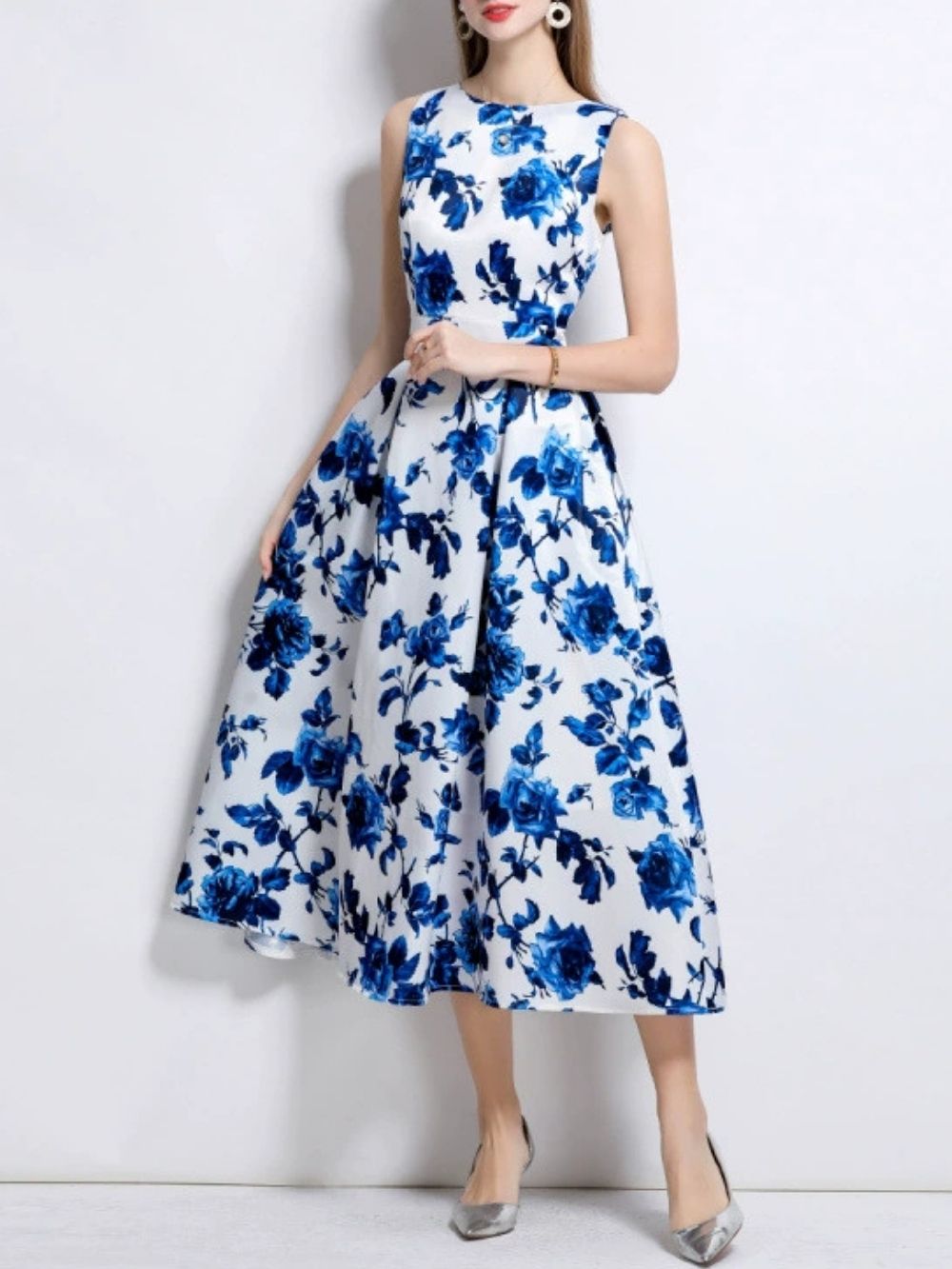 Maicy Blue Sleeveless Floral Midi Dress - OWNCI Maicy Blue Sleeveless Floral Midi Dress - OWNCI