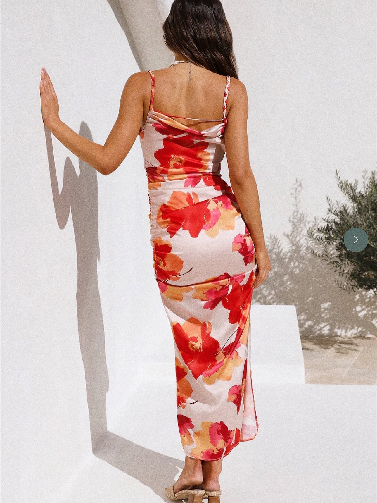 Satin Floral Wavy Collar Woven Spaghetti Strap Slit Dress