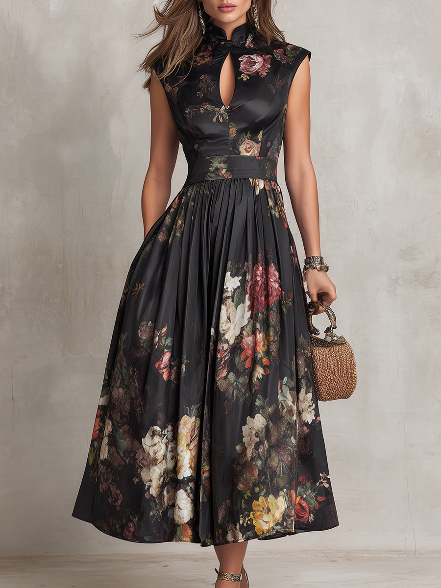 1b12c2643a3149dd3aac3ef2dc60f3e3 Black Keyhole Collar Floral Pleated Satin Midi Dress