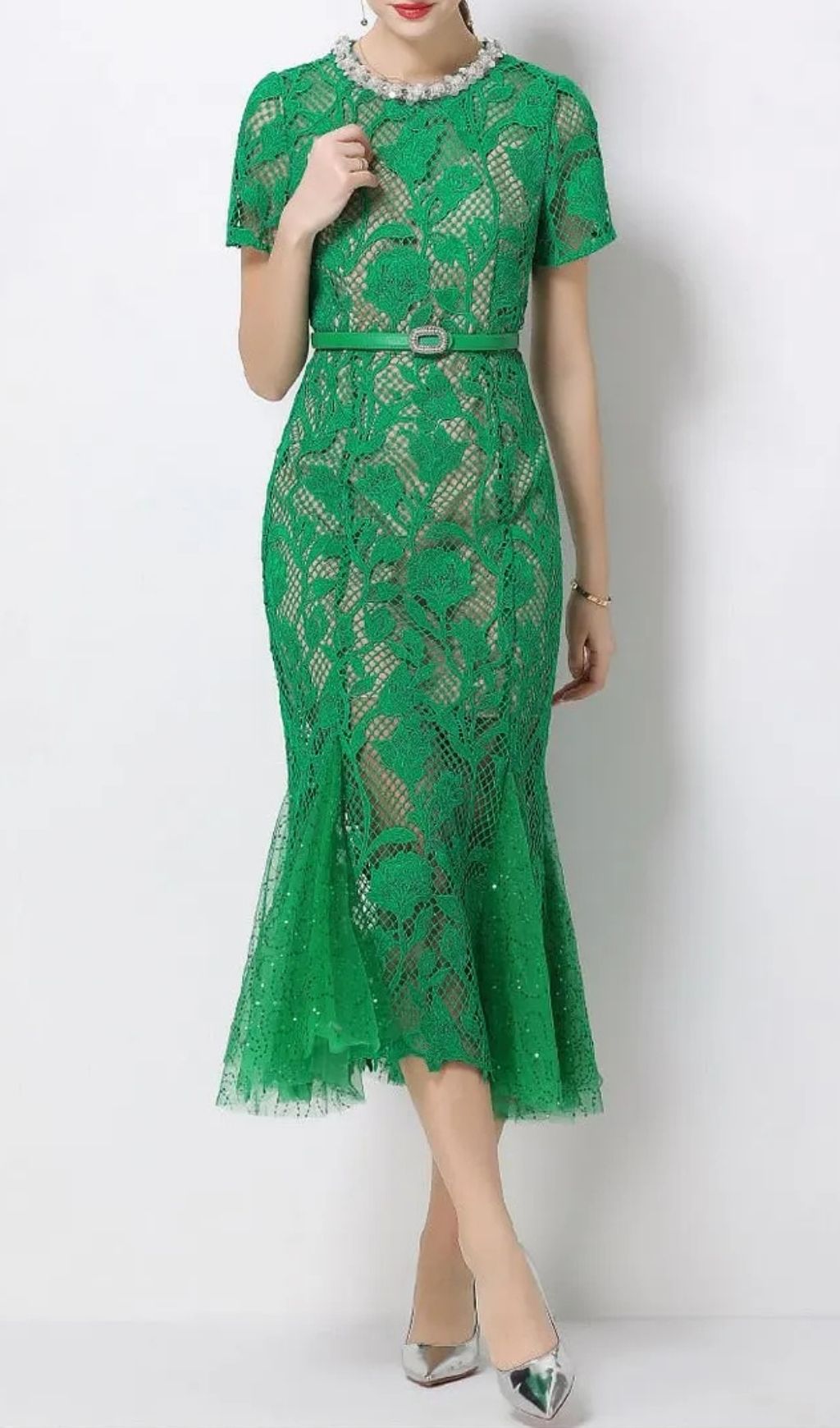 Rhinestone Flower Hollow Lace Fishtail Midi Dress - Green