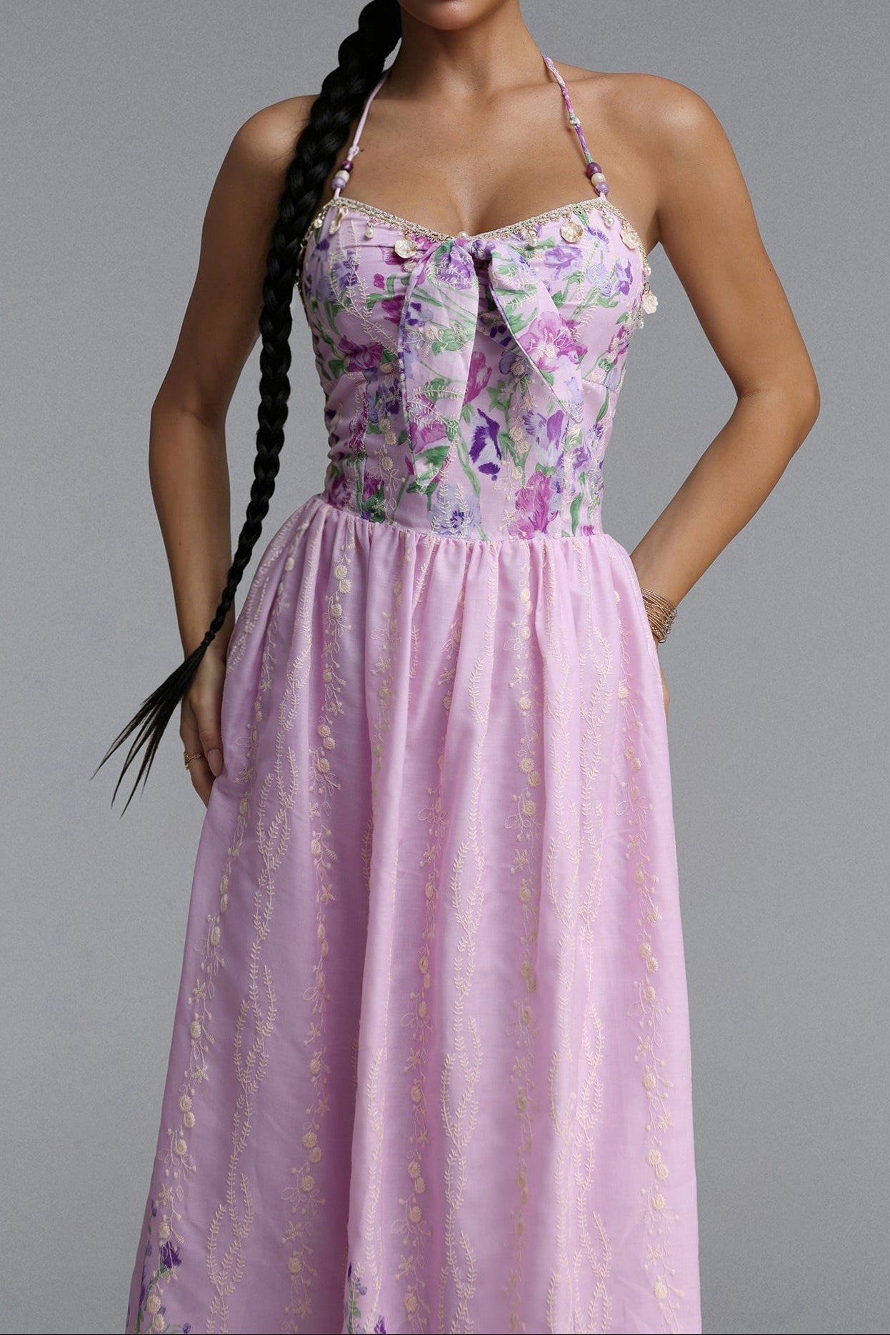 1b77dd26878ba2ded01536aef41c8042 Halter Spaghetti Strap Bow Front Floral Embroidery Midi Dress