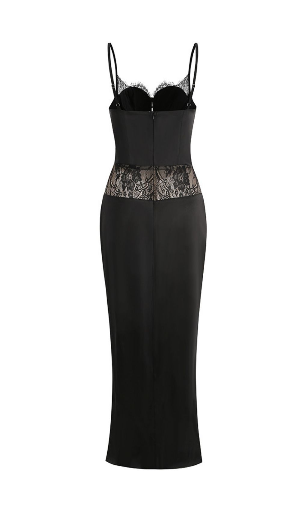 Satin Lace-Trimmed Slit Slip Maxi Dress In Black - OWNCI Satin Lace-Trimmed Slit Slip Maxi Dress In Black - OWNCI