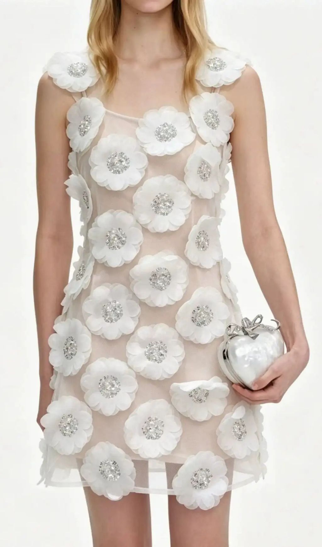 Lola Rhinestone 3D Flowers Mini Dress - White