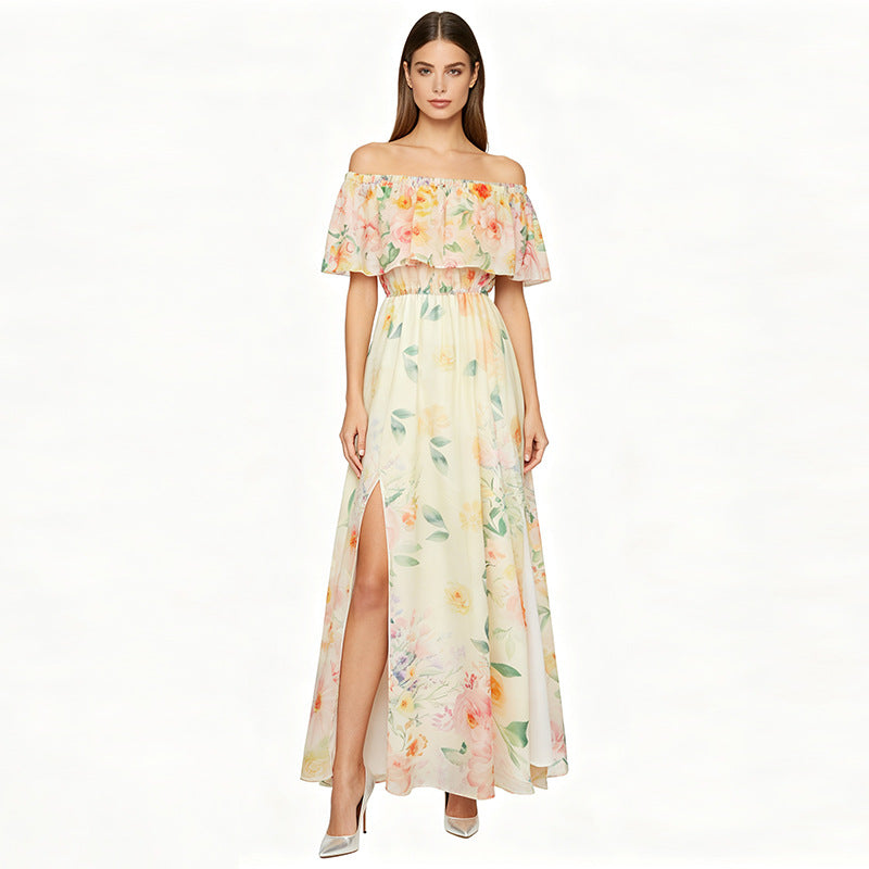 Off-Shoulder Print Slit Chiffon Maxi Dress - Pale Yellow