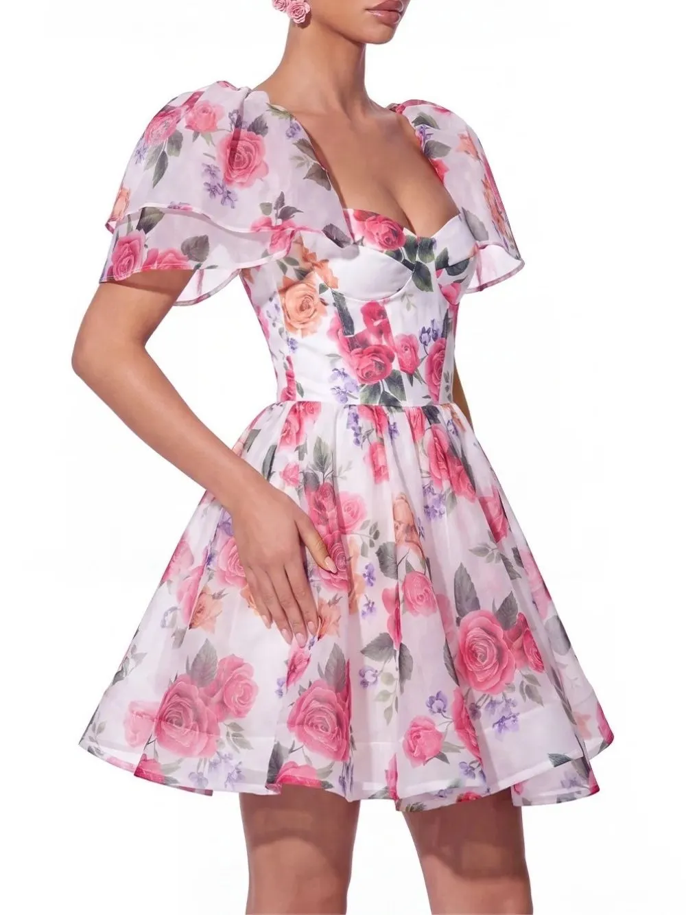 Fern Cape Sleeve Floral Organza Mini Dress