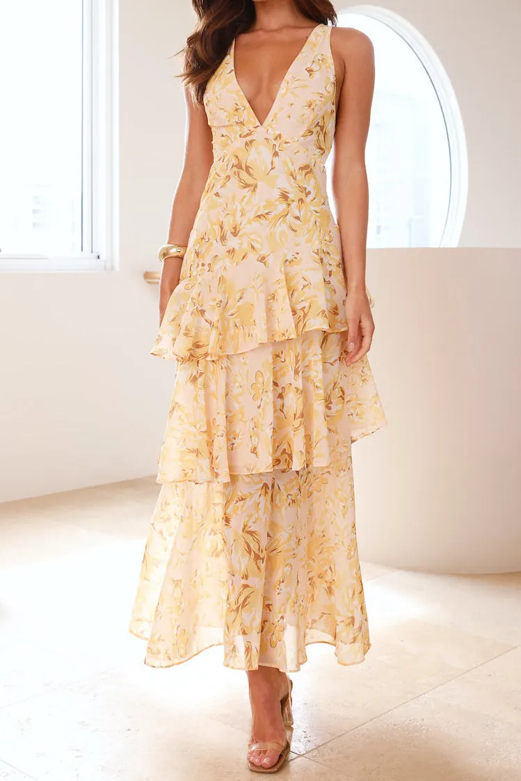 v-Neck Waves Floral Print Backless Maxi Dress - Yellow