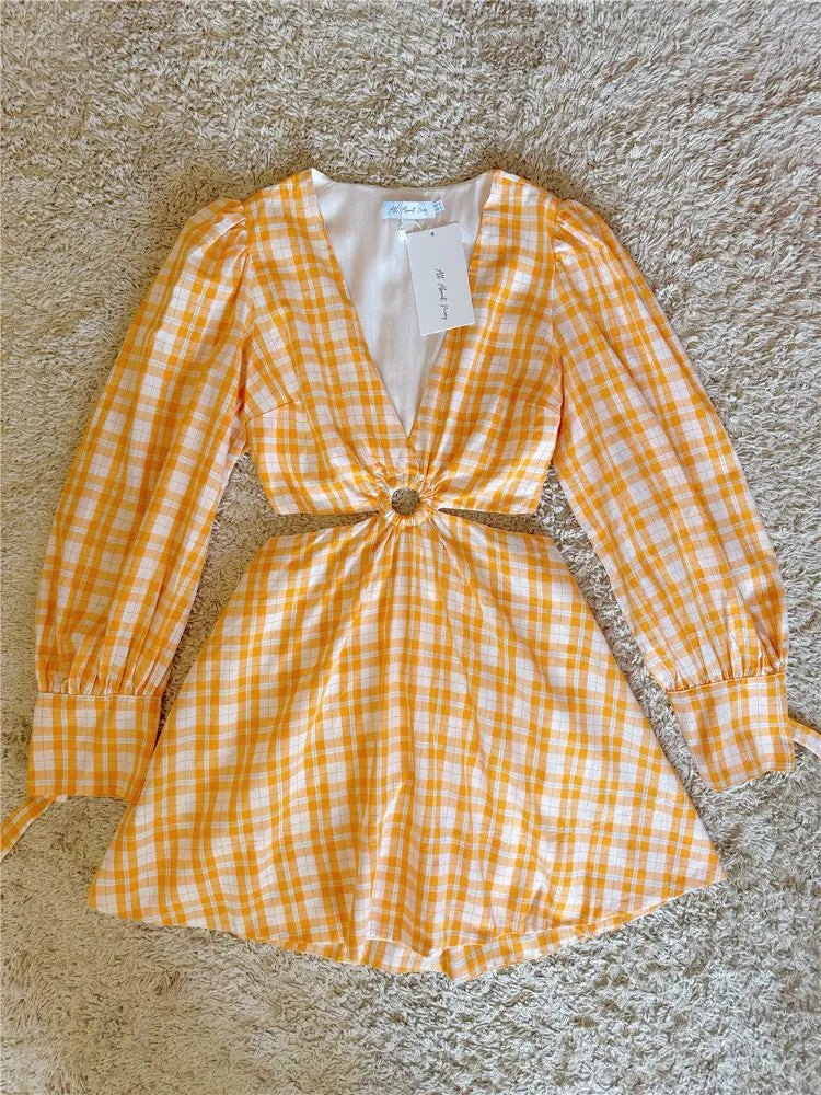 Orange Plaid V-Neck Long-Sleeve Cotton Dress