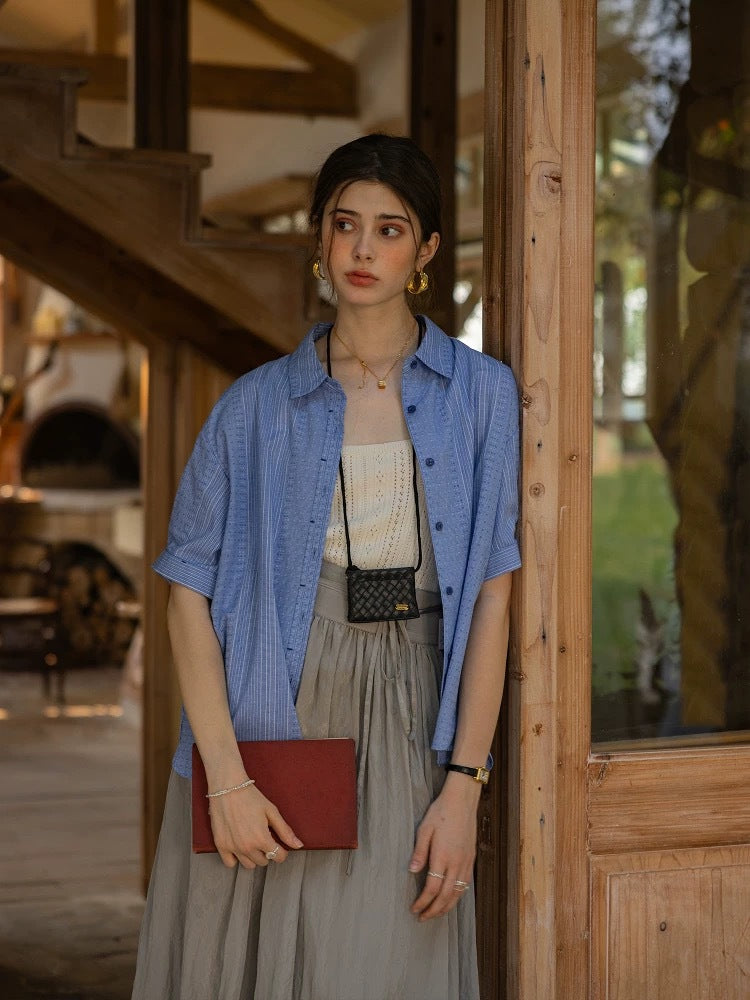 Blue Jacquard Striped Loose Flanged Striped Short-Sleeve Shirt