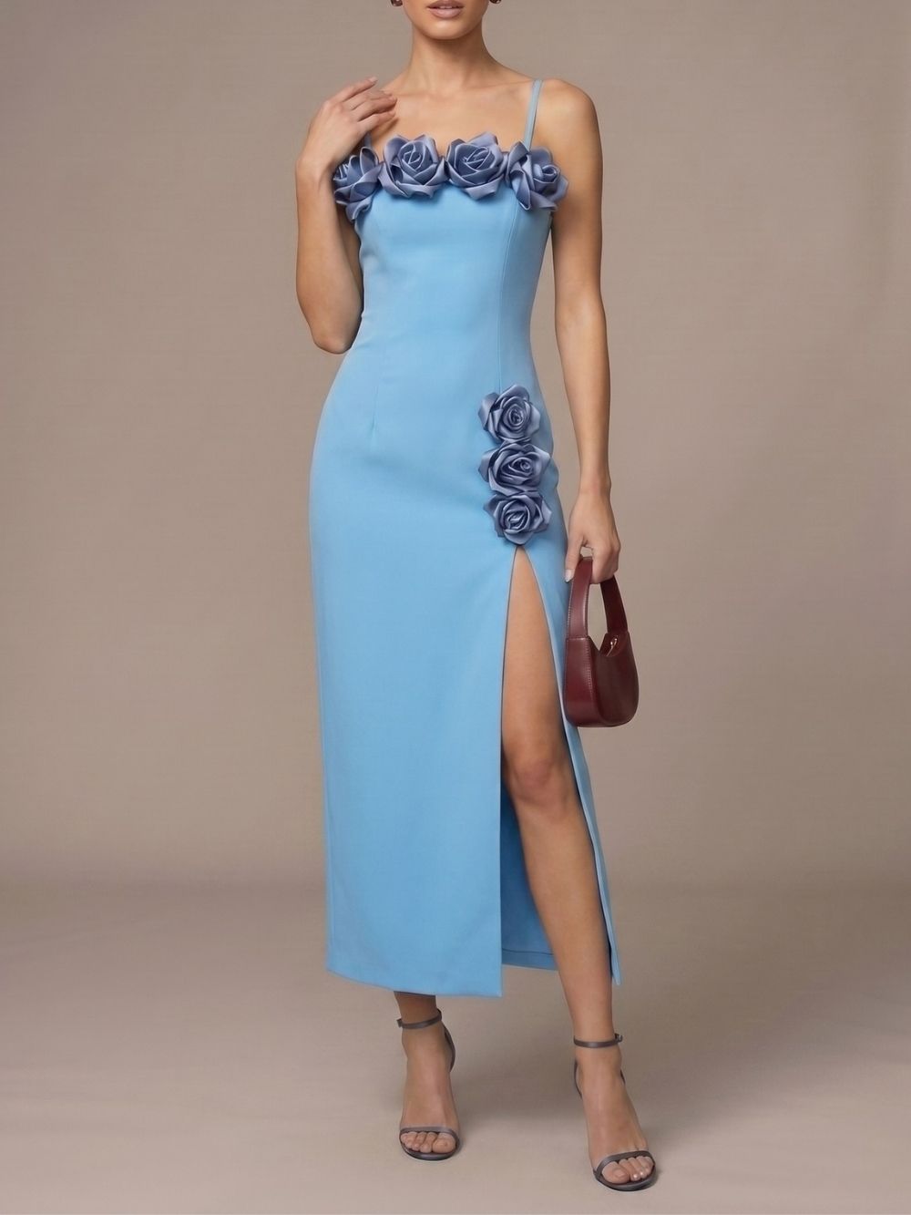Maiara Blue Flower Embellished Midi Dress - OWNCI Maiara Blue Flower Embellished Midi Dress - OWNCI