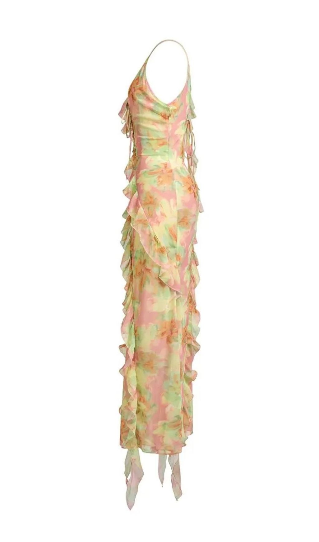 Jessie Tie Dye V-Neck Ruffle Tie-Up Midi Dress