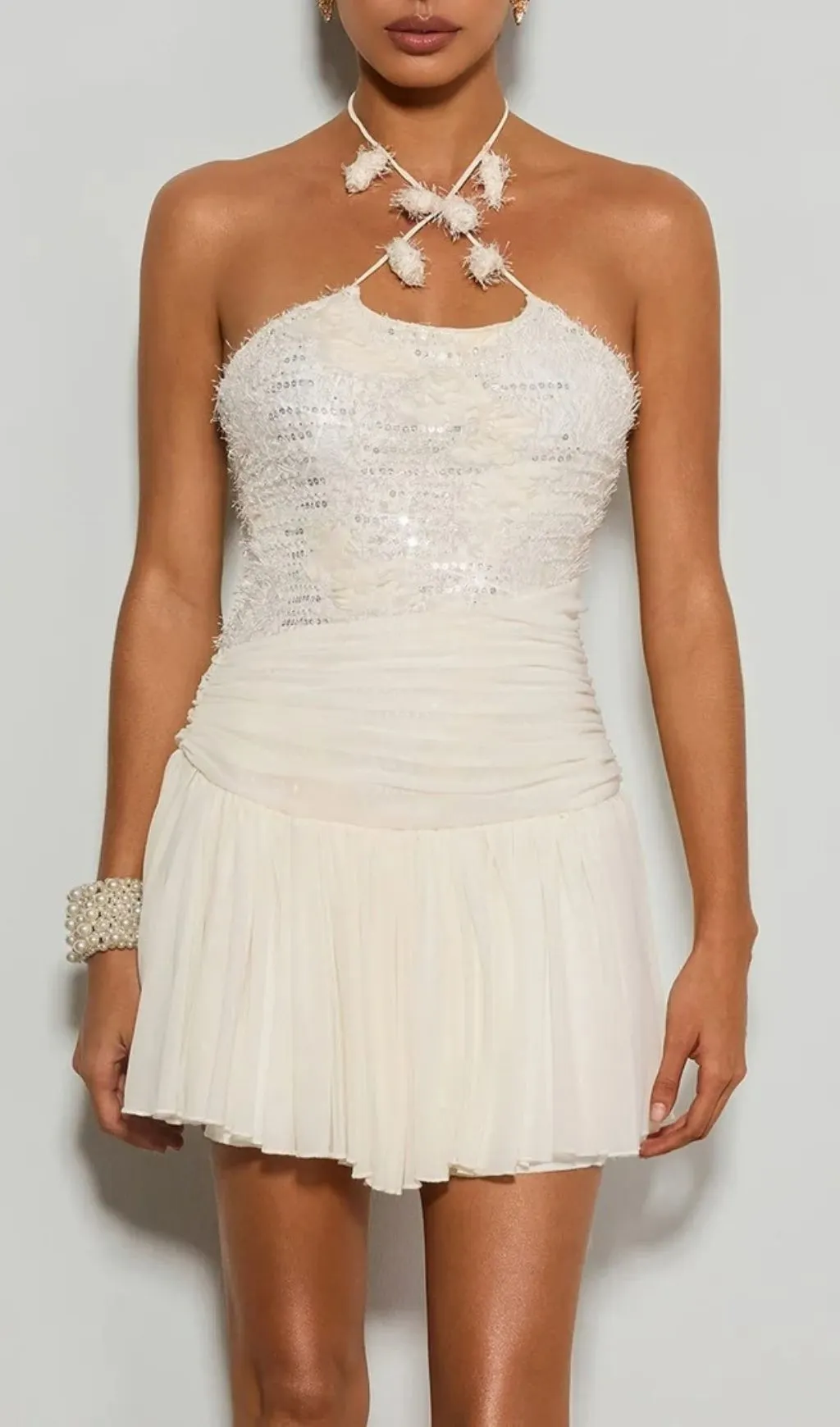 Fashionslee Women Brenvo Halterneck Sequin Ruched Mini Dress