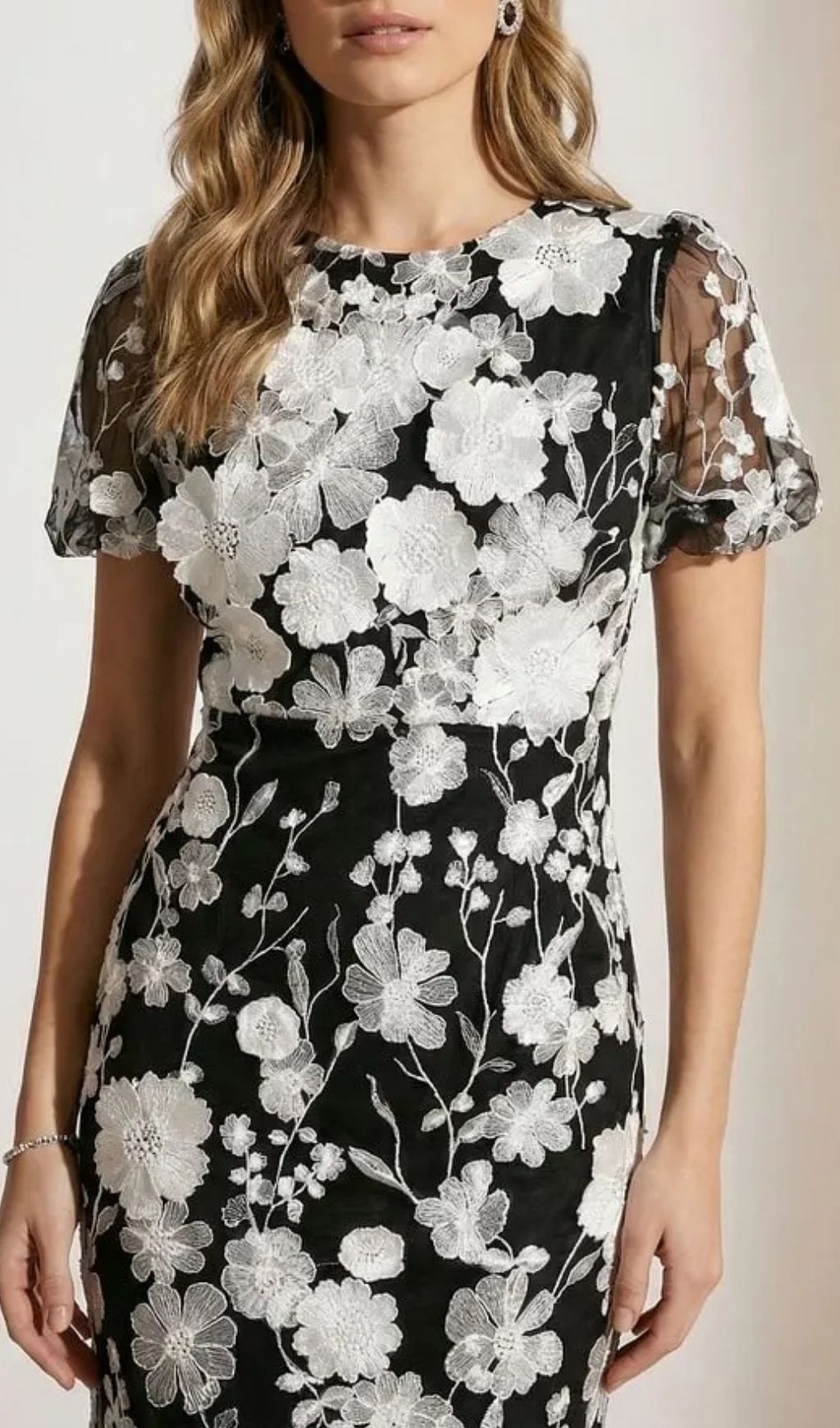 1e38f862a224d2ac2a43521d0199c367 Black & White Floral Lace Midi Dress With Puff Sleeves