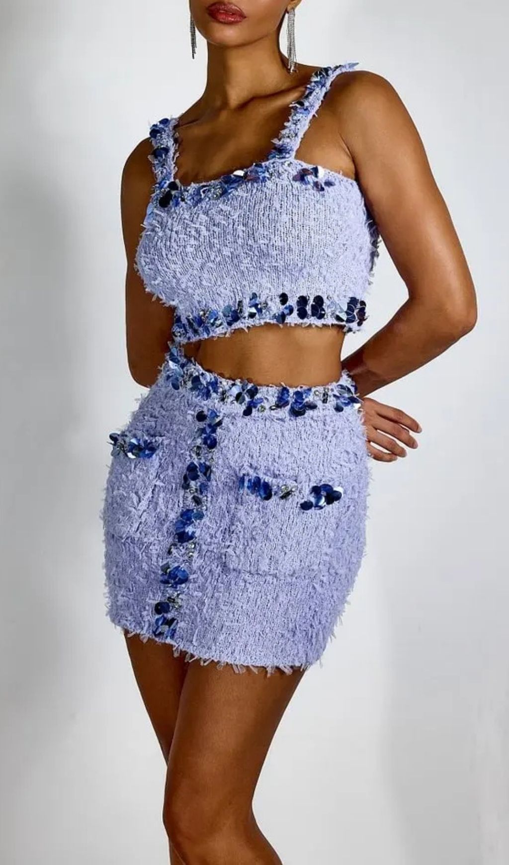 1e4b73973ed7ee664d74344ff296ddfe Dolores Purple Sequin Embellished Crop Top & Mini Skirt Set