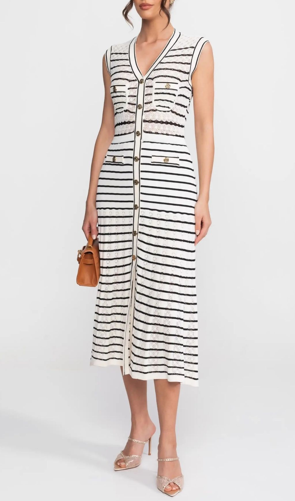 Striped Sleeveless Knit Midi Dress With V-Neck And Gold Buttons - White/Black
