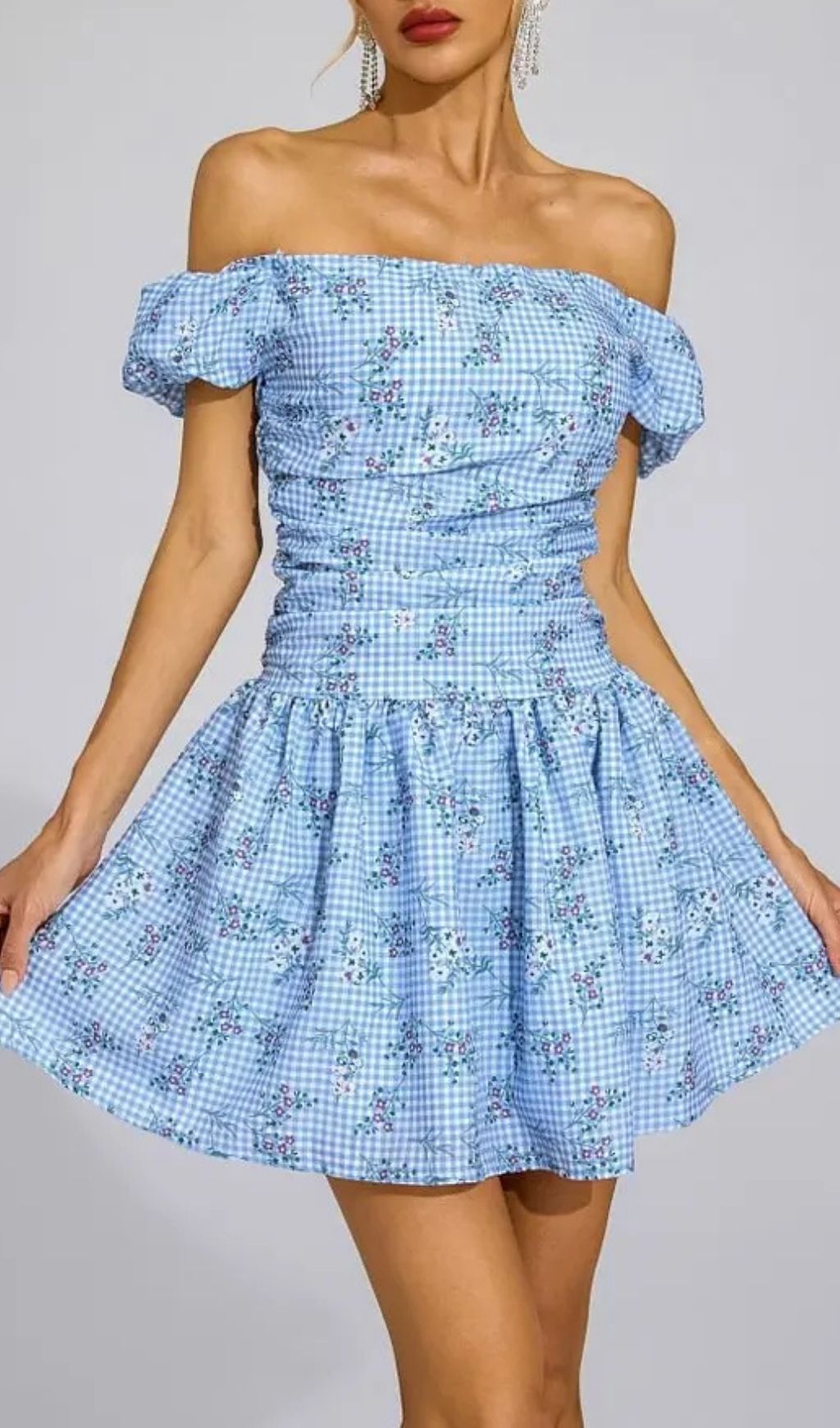 1e64f4991720fa5df112e9c4cf655799 Sophia Blue Floral Off-Shoulder Mini Dress