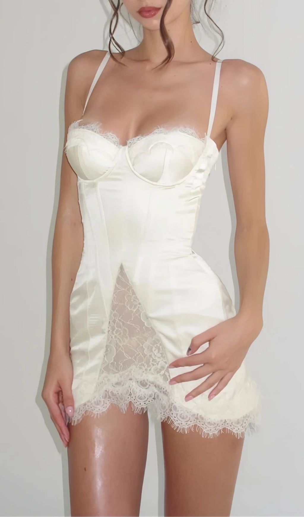 Lorraine White Satin Mini Dress With Lace Panels