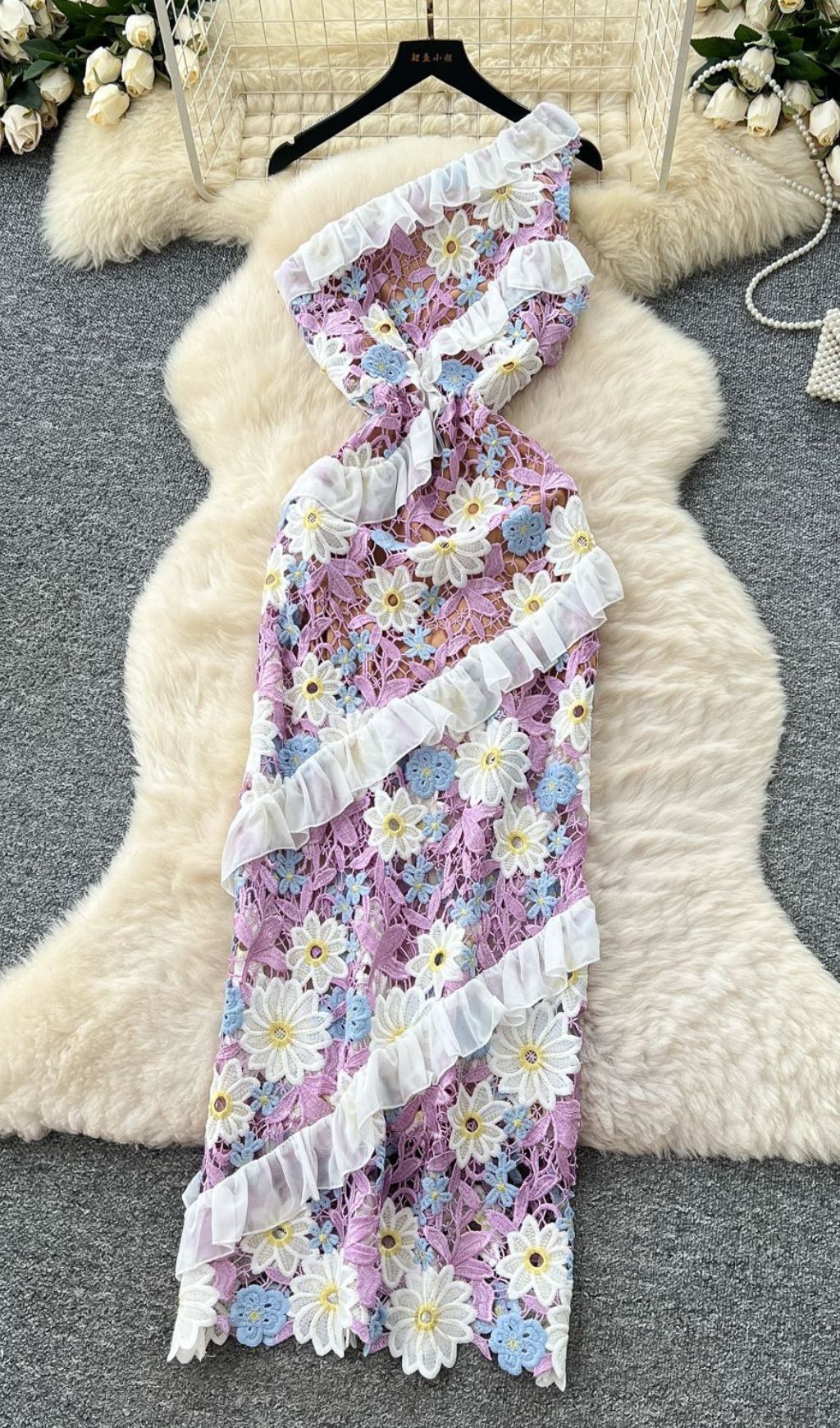 1e98be38b9812ecc8f581109ca5383b0 Caden Purple Flower Embroidery One-Shoulder Maxi Dress