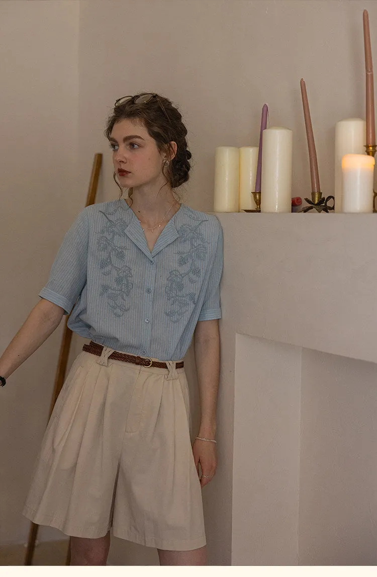Embroidery Yarn-Dyed Striped Lapel Short-Sleeved Shirt