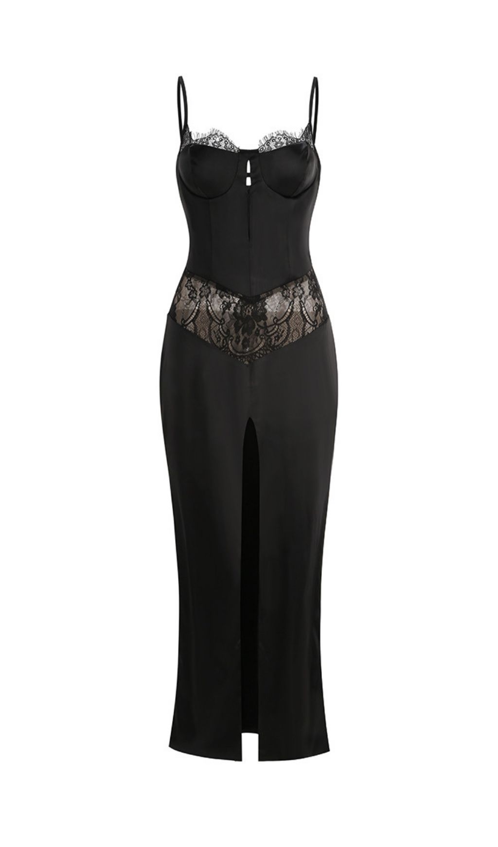 Satin Lace-Trimmed Slit Slip Maxi Dress In Black