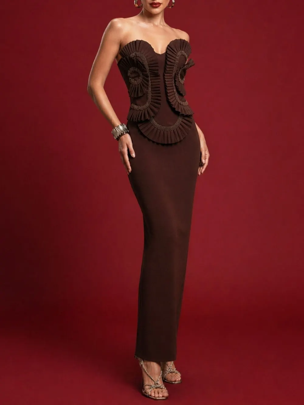 Maita Brown Strapless Bandage Maxi Dress