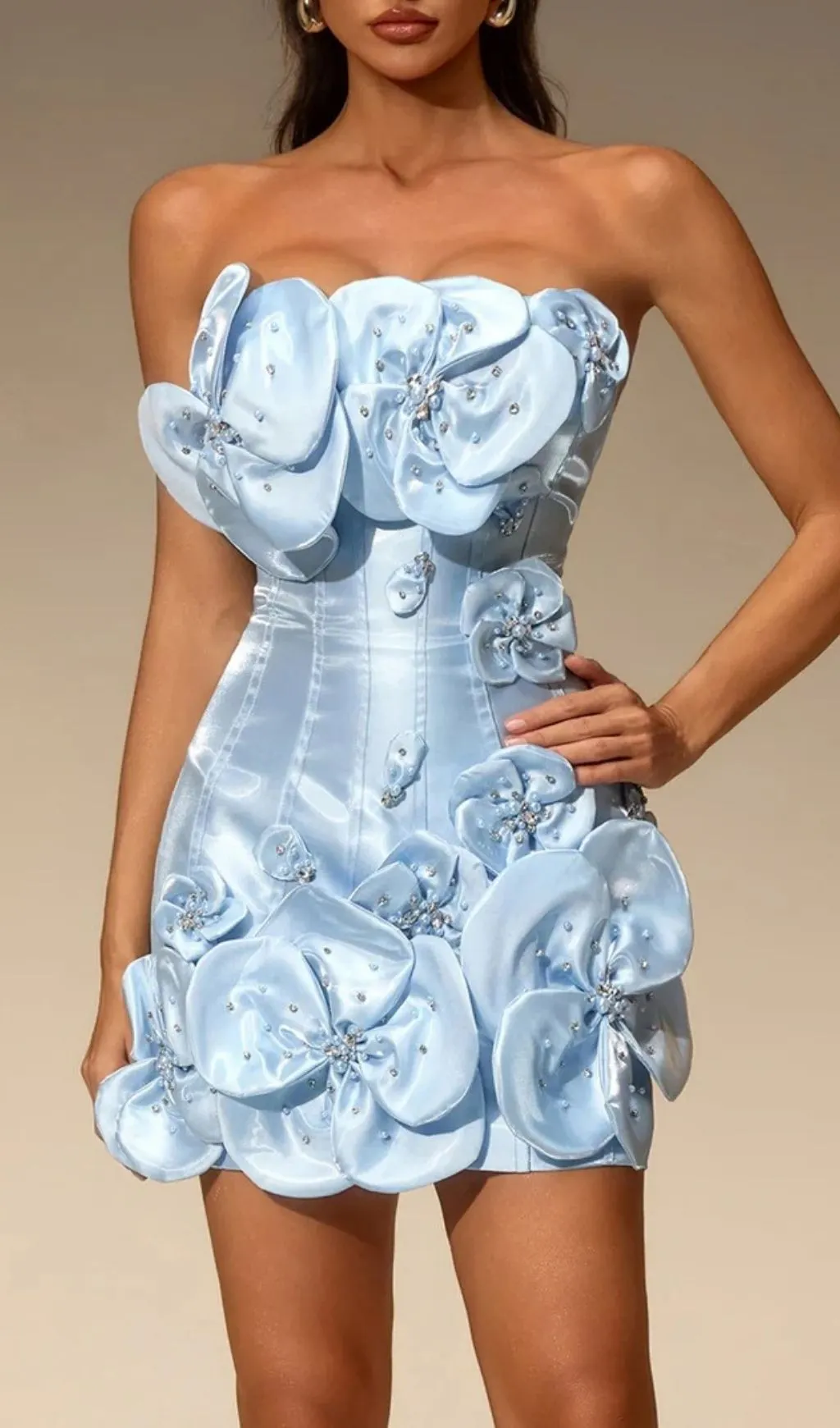 Fashionslee Women Ultharic Strapless Flower Rhinestone Mini Dress In Baby Blue