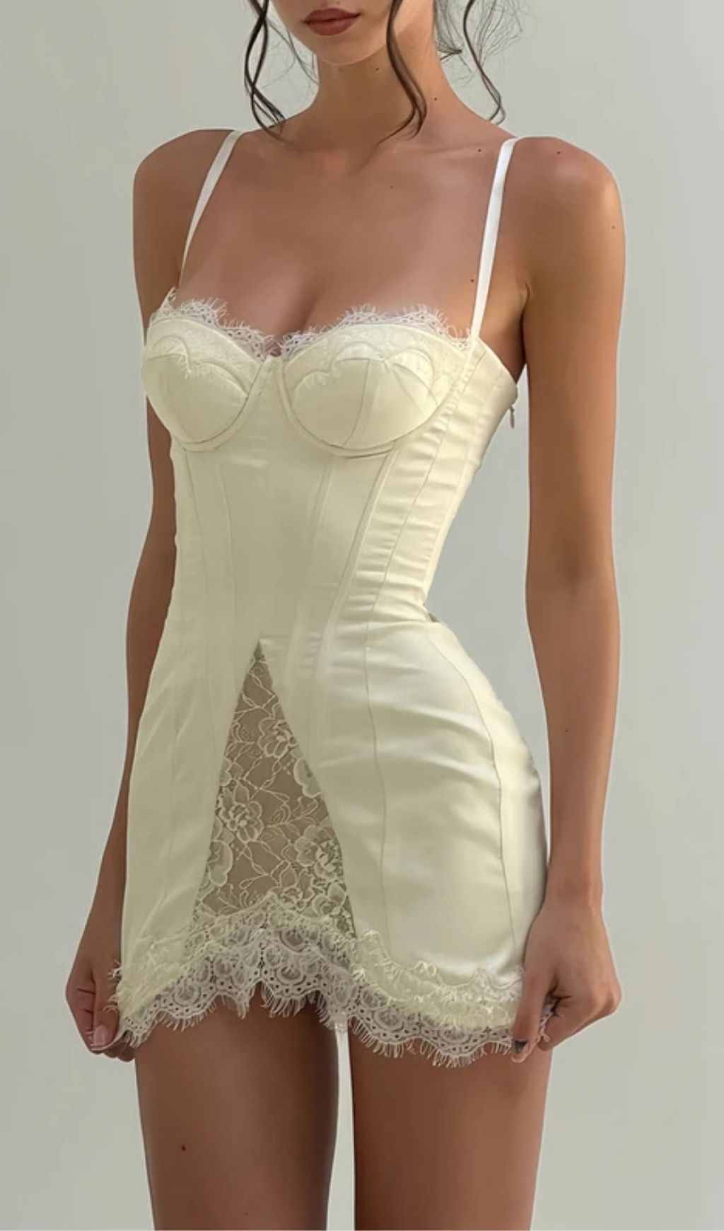 Lorraine White Satin Mini Dress With Lace Panels