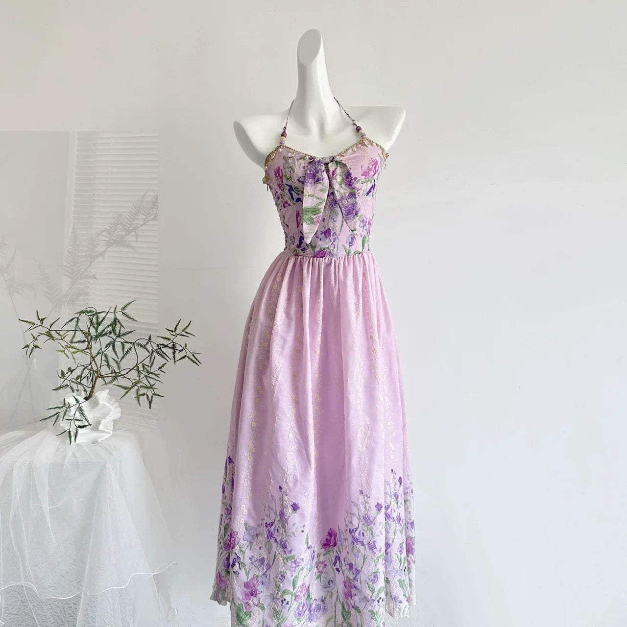 1f99586656bf5e4754de1161c823b757 Halter Spaghetti Strap Bow Front Floral Embroidery Midi Dress