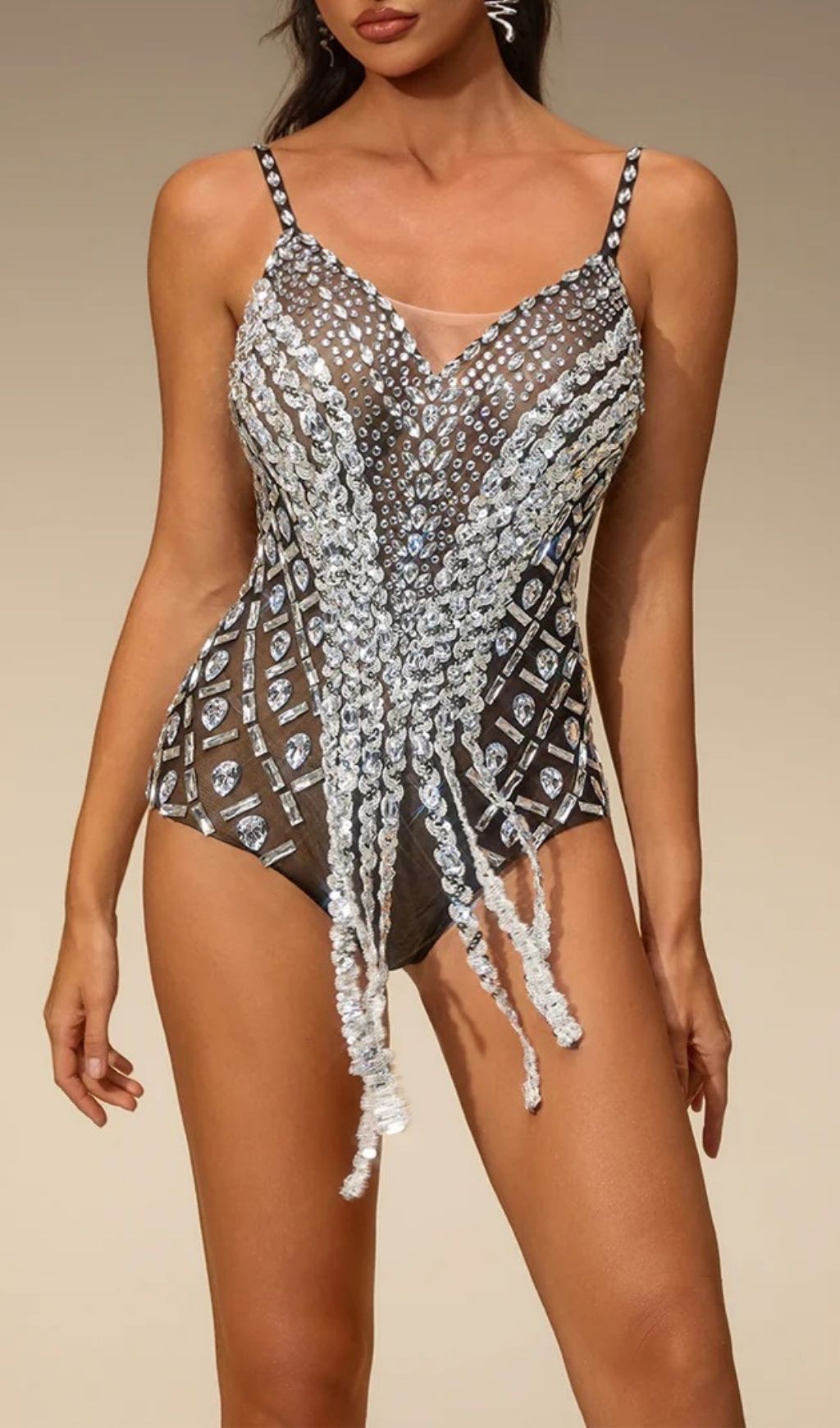 Fashionslee Women Siesra Spaghetti Crystal Fringe Bodysuit