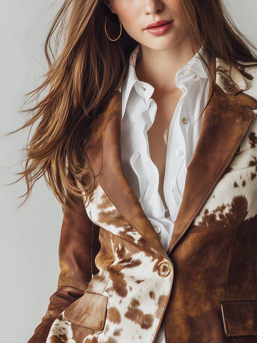 2041066f0c12f92655b73b51f9ff51d9 Retro Brown Cow Print Suit Jacket