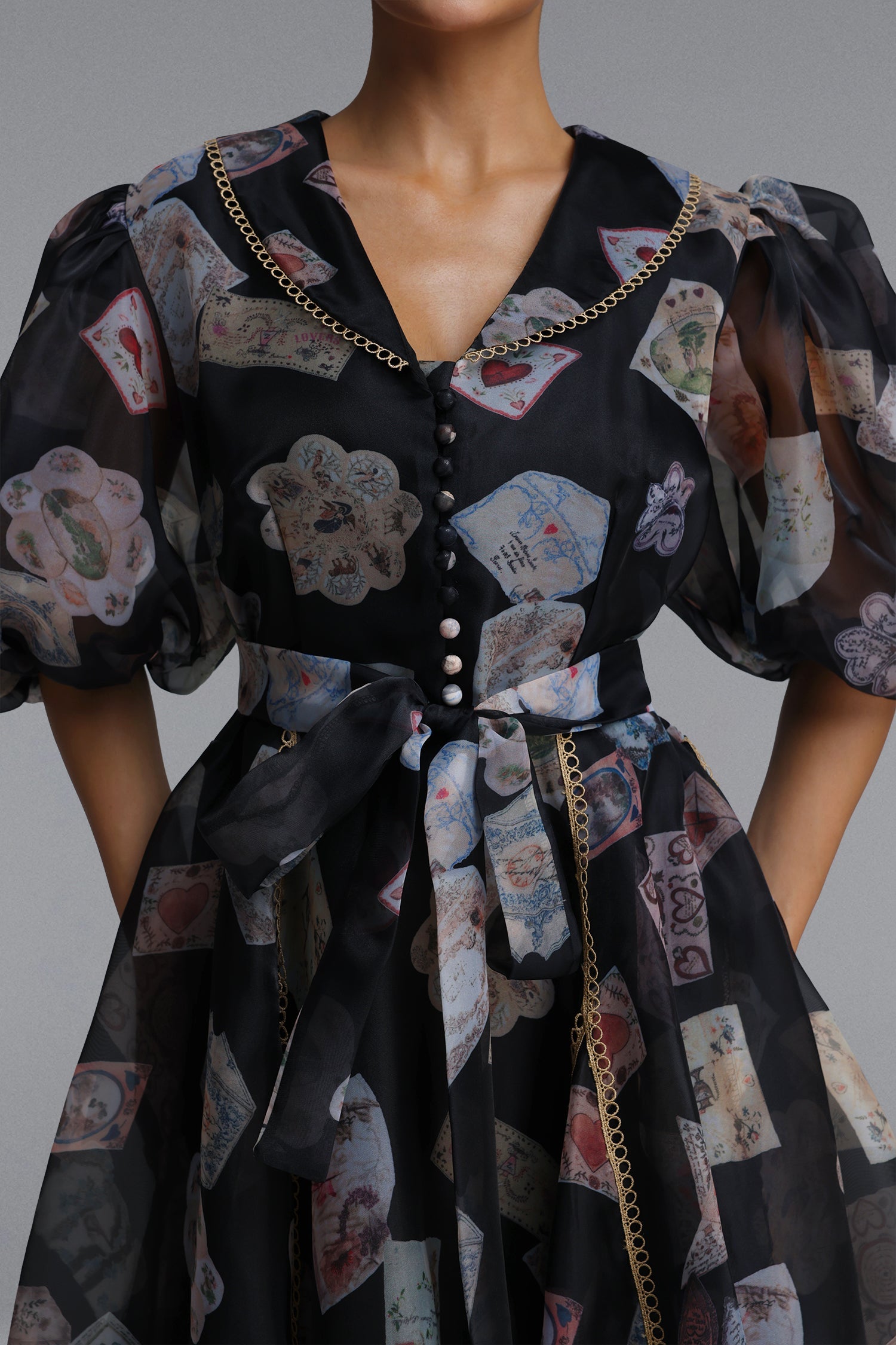 V-Neck Balloon Sleeve Playing Card Print Belted Midi Dress