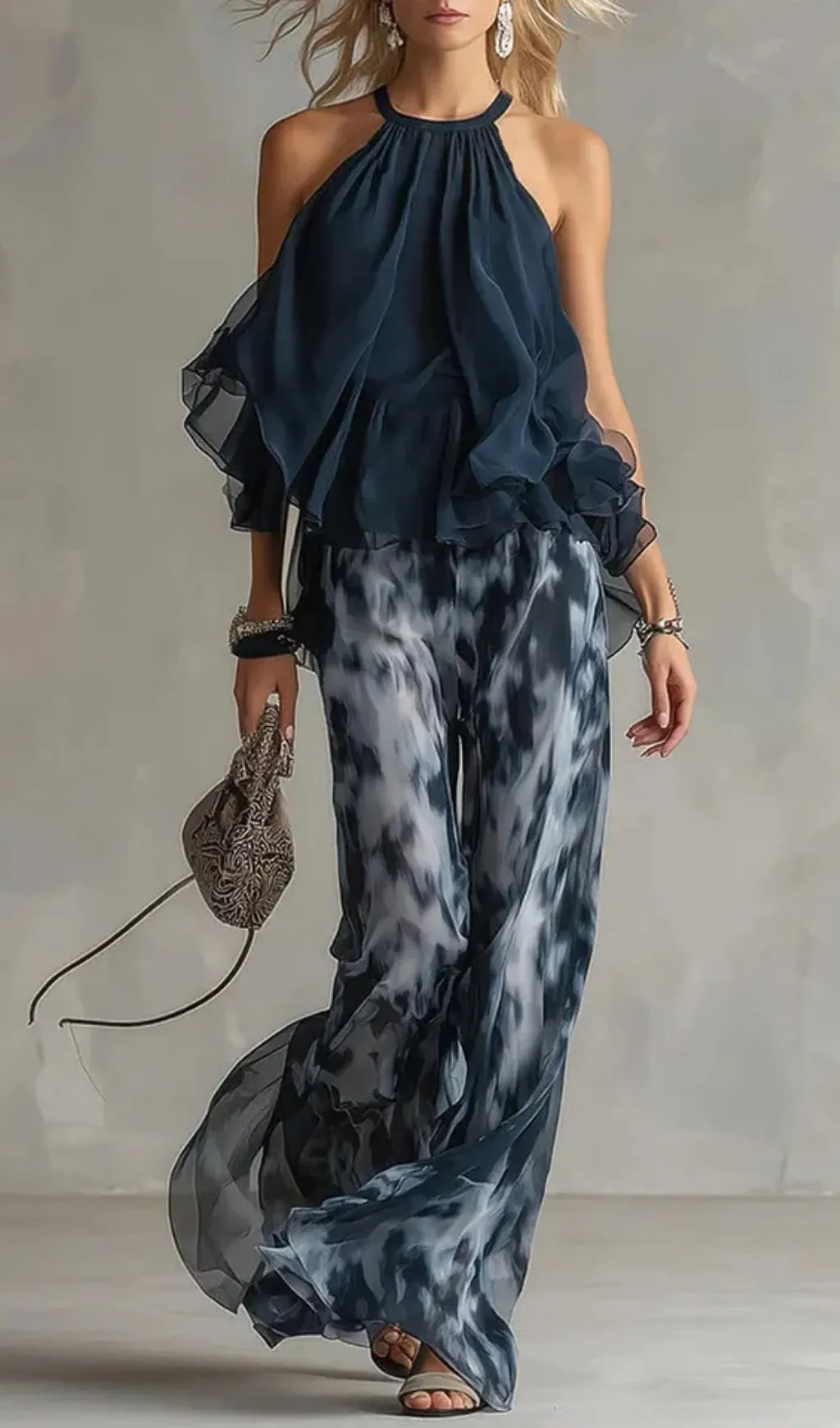 Fashionslee Women Navy Halter Neck Top And Printed Wide-leg Pants Chiffon Set