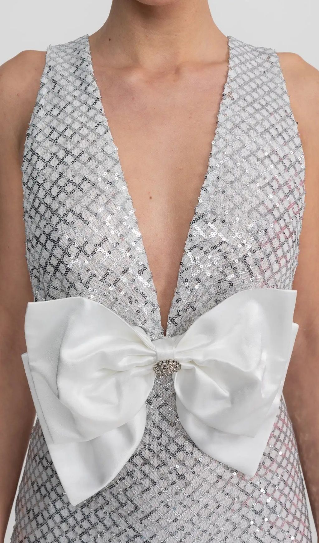 Sequin Maxi Dress With Satin Bow Detail – Light Grey - OWNCI Sequin Maxi Dress With Satin Bow Detail – Light Grey - OWNCI