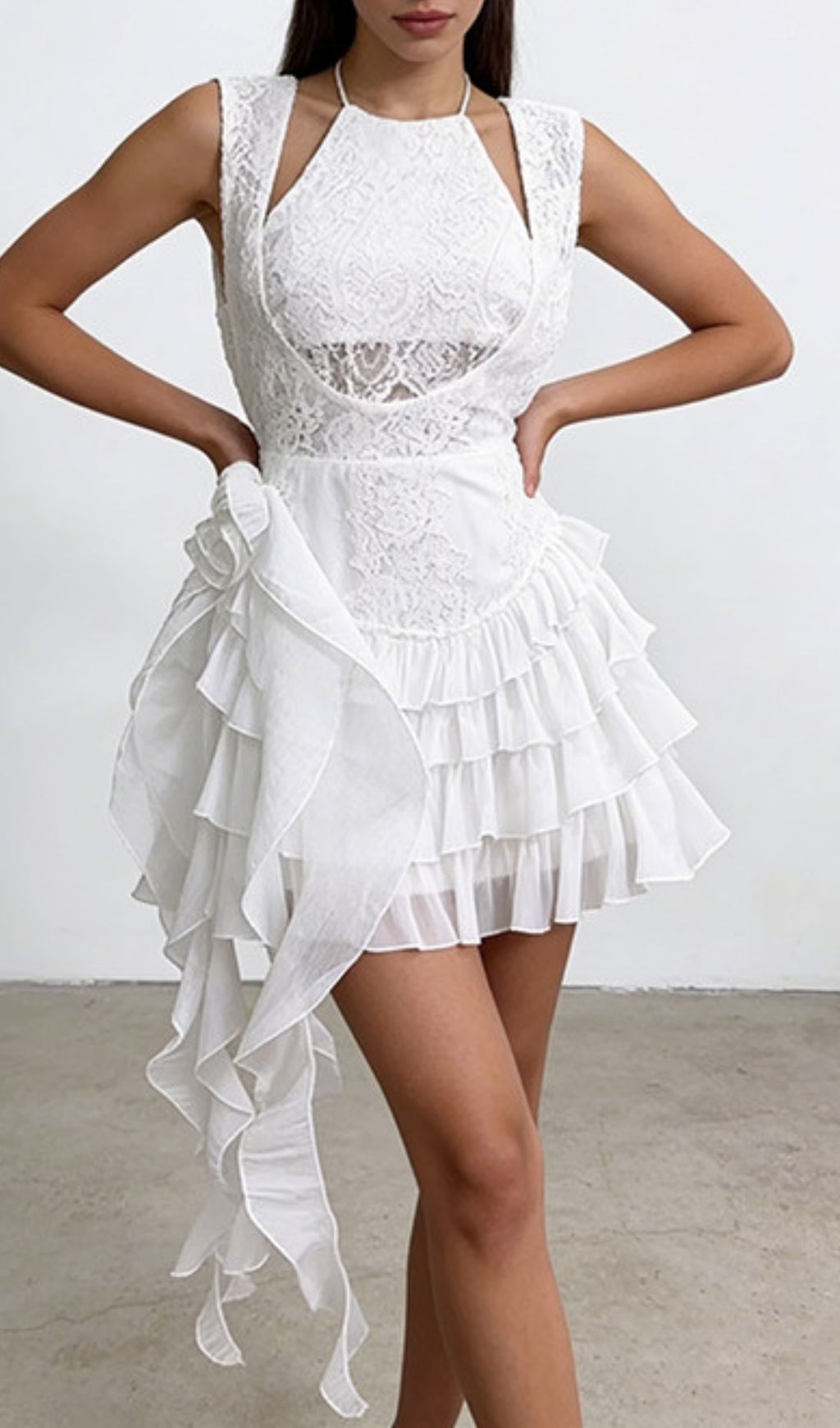 Sharon Tassel Flower Lace Patchwork Mini Dress - White