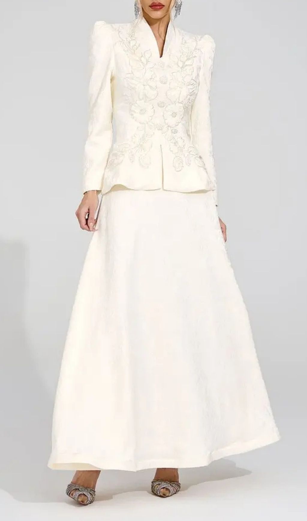 Sabrina Floral Embroidered Coat Maxi Skirt Set - Apricot