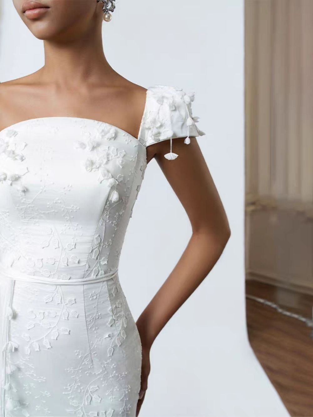 Madaline White Floral Embroidery Midi Dress - OWNCI