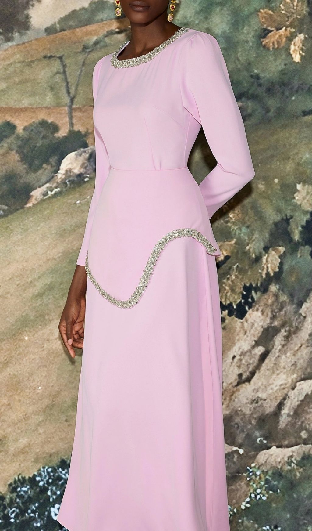 2159761ca63464ec3966ff2e5ef27127 Damla Rhinestone Embellished Long Sleeve Midi Dress - Pink