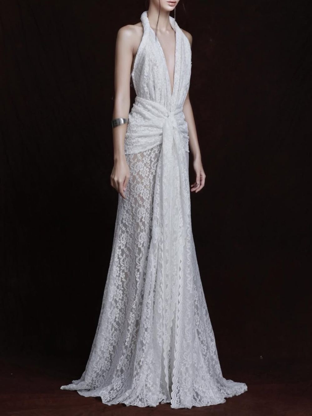 Fynderic Plunge Neck Lace Split Maxi Dress