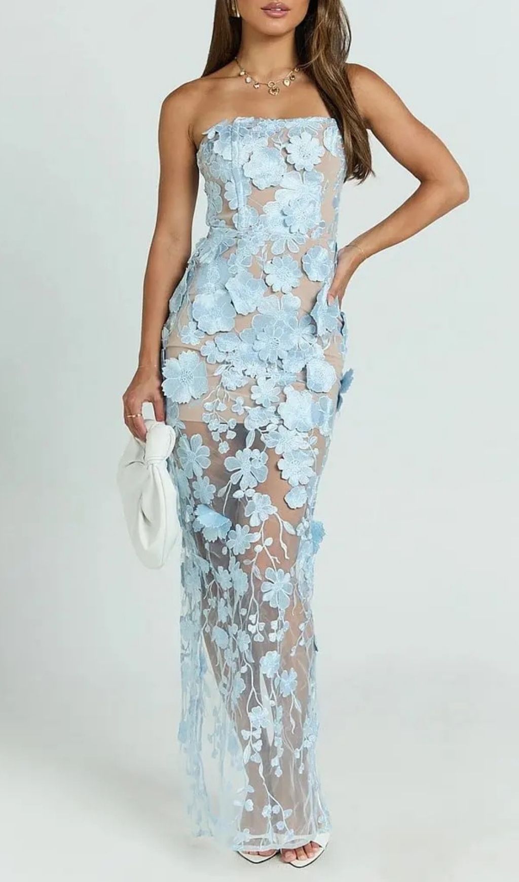 Strapless 3D Floral Mesh Maxi Dress