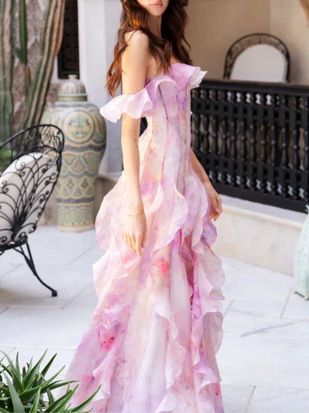 Helen Floral Frill Off-Shoulder Maxi Dress In Pink