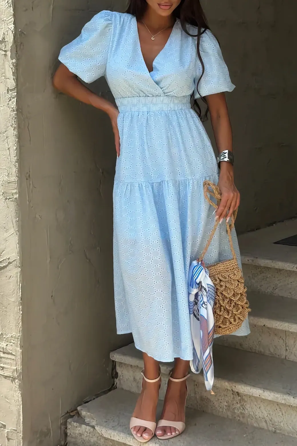 V-Neck Openwork Embroidery Maxi Dress