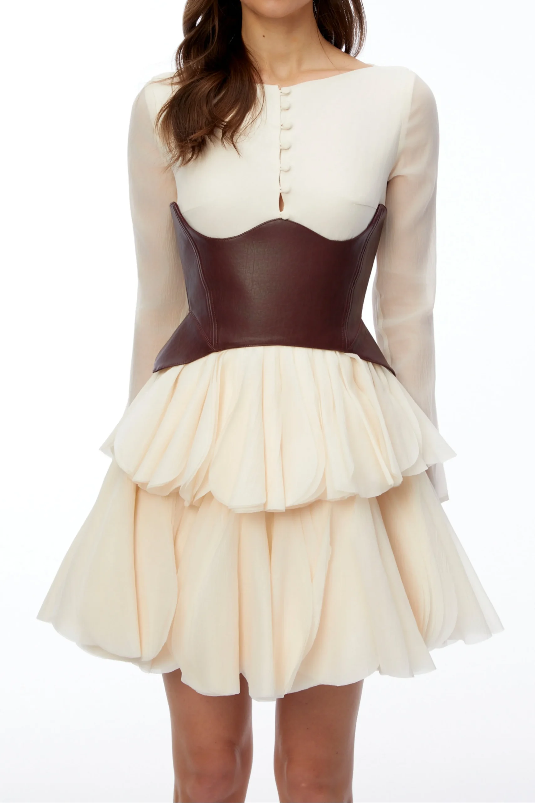 Cream Sheer Long Sleeve Layered Petal Mini Dress with Brown Leather Corset Belt