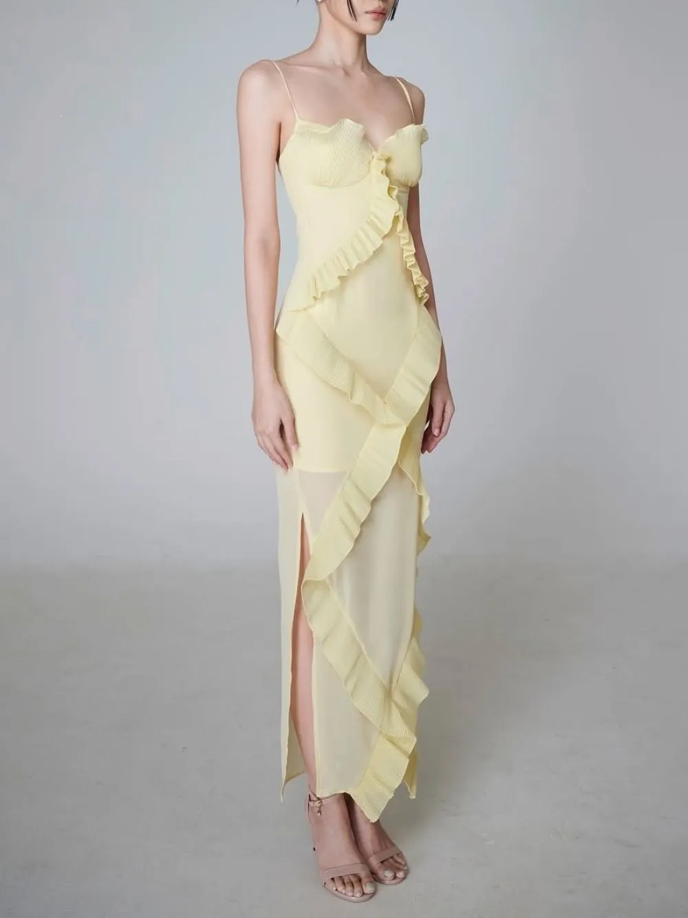Mallie Yellow Spaghetti Pleated Ruffle Maxi Dress