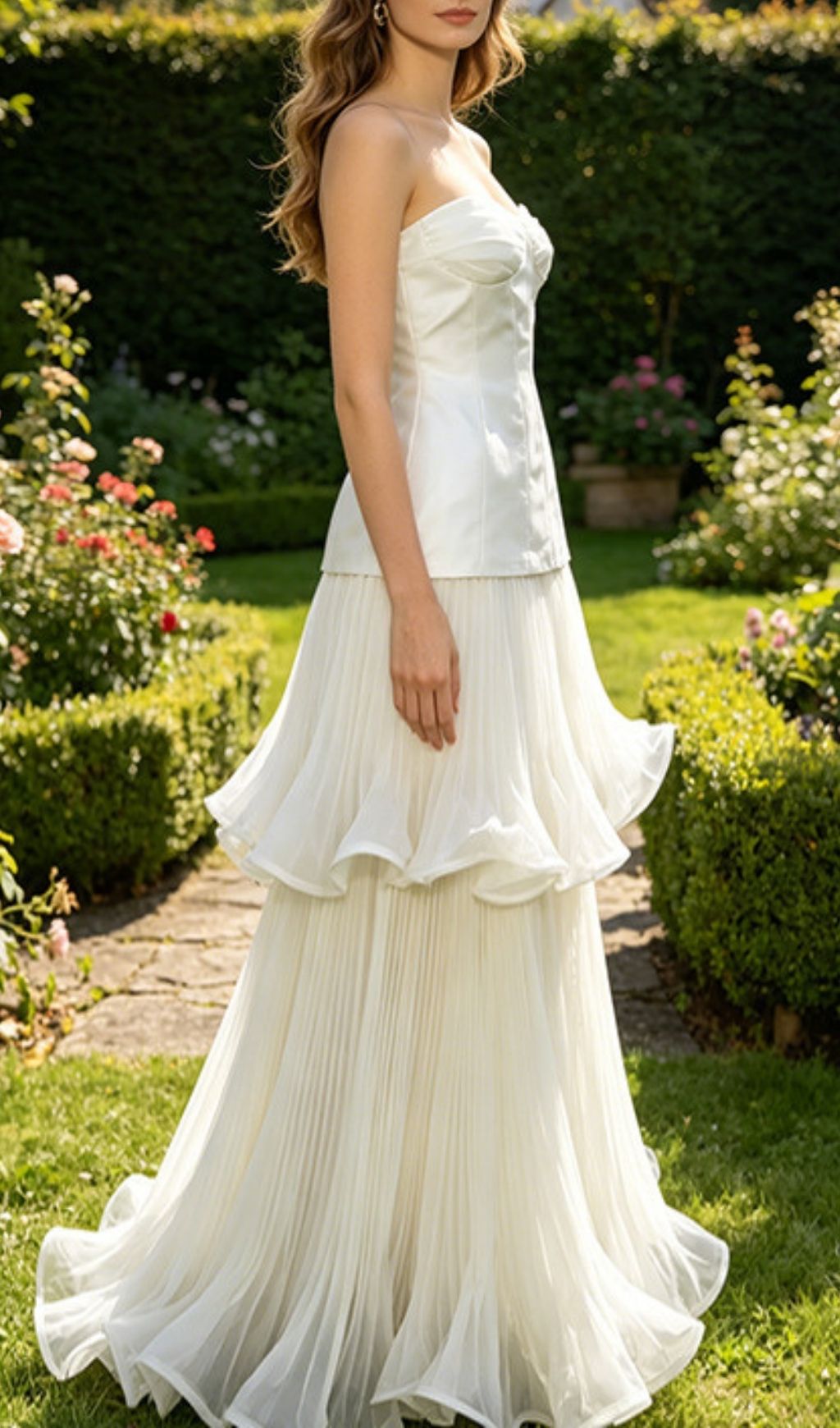 Fashionslee Women Magdi White Strapless Ruffle Hem Maxi Dress