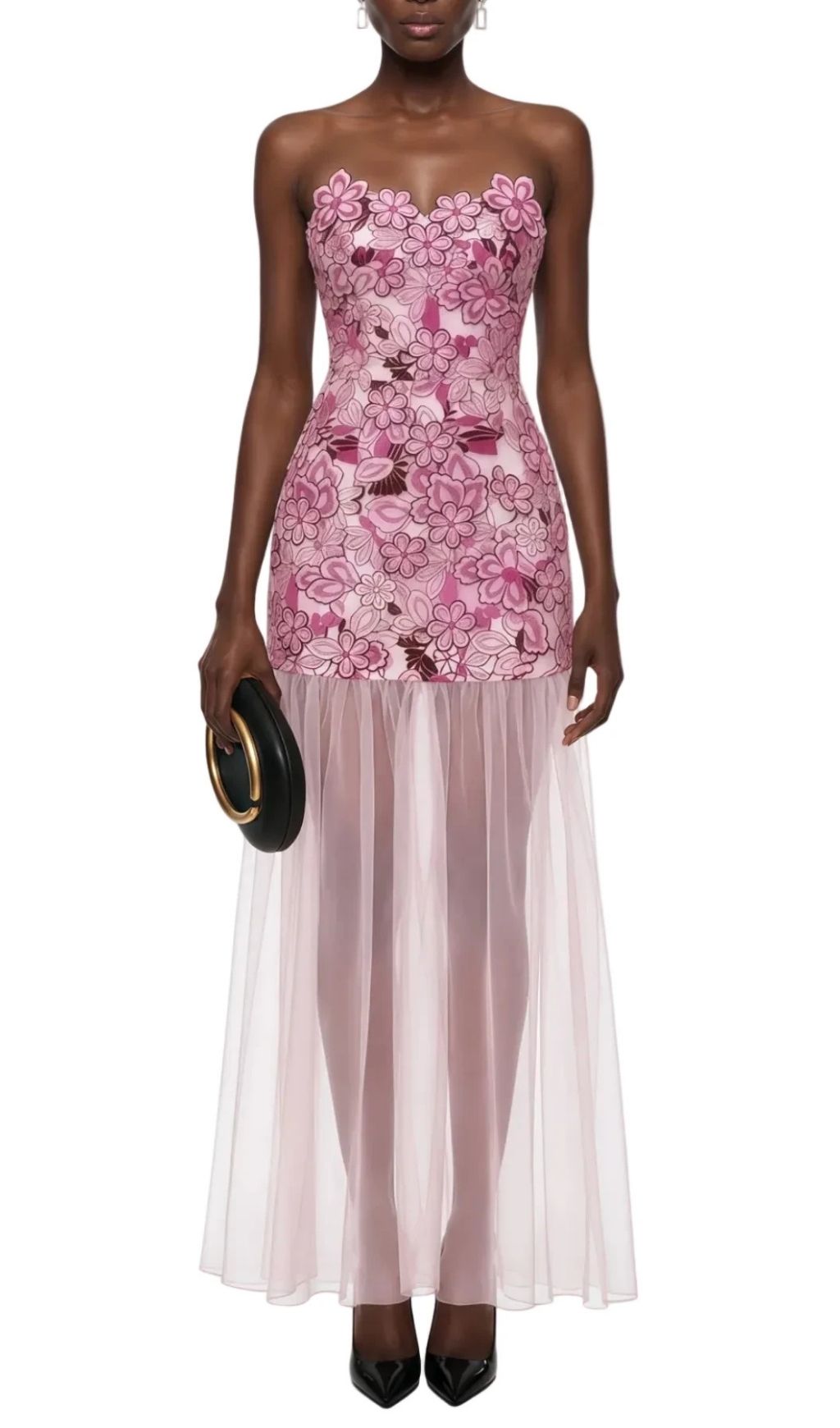 Pansya Floral Embroidery Strapless Maxi Dress - Pink