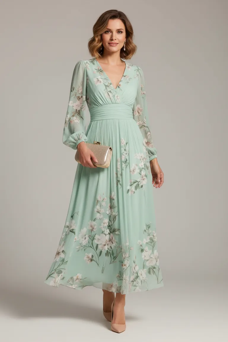 2392039ea67498d997c620a6c0f2ddac Green Floral Print Chiffon V Neck Long Sleeve Pleated Midi Dress
