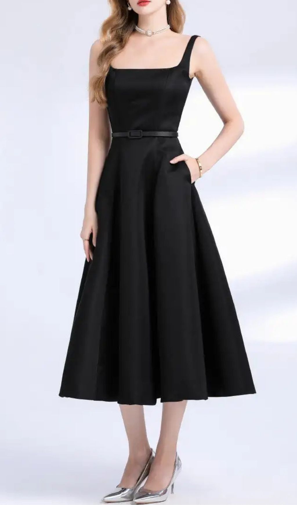 Amelia Square Neck Satin Slip Midi Dress - Black