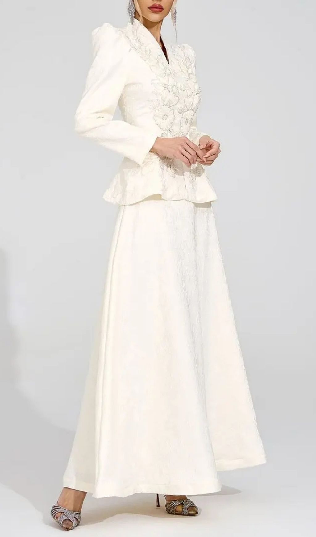 Sabrina Floral Embroidered Coat Maxi Skirt Set - Apricot